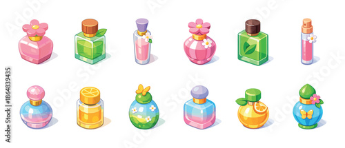 Colorful collection of decorative perfume bottles with floral and citrus designs