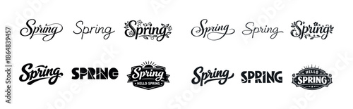 Collection of different spring typography designs in black and white