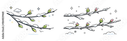 Spring blossoms emerging from snow-covered branches