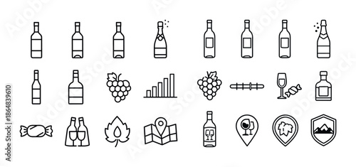 Wine and beverage icons: bottles, grapes, maps, and markers