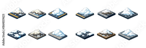 Isometric snow piles on various urban surfaces