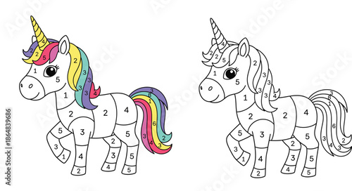 Unicorn color by number game for children. Cute coloring book page with numbered guide. Educational vector illustration for preschool learning.