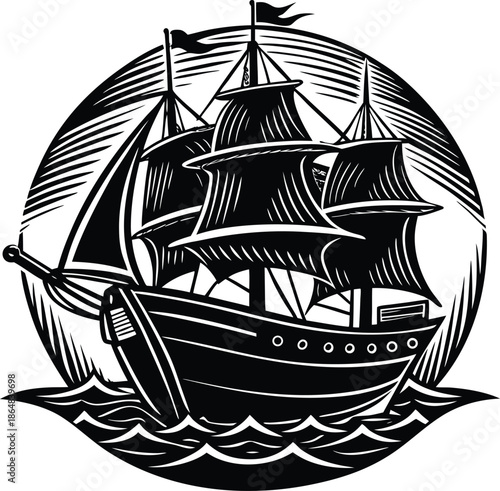 Black and white of a sailing ship on waves ocean vessel