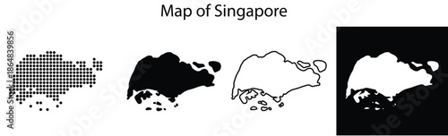 Diverse representations of a city-state map, from pixelated to solid outlines, highlighting its geography.