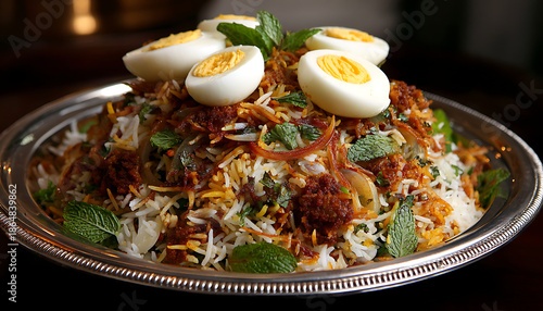 A lavish platter of biryani crowned with eggs, mint, and crispy onions radiates festive south Asian flavor 