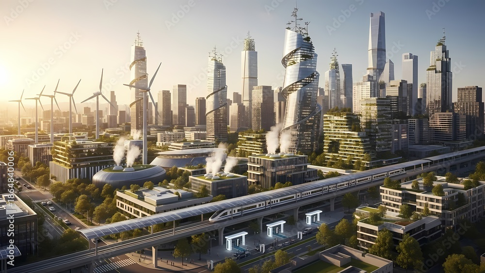Fototapeta premium A futuristic cityscape with sleek skyscrapers and wind turbines at sunrise