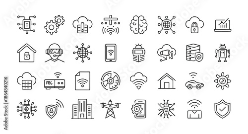 Set of smart technology and internet of things IoT line icons for digital communication and network 