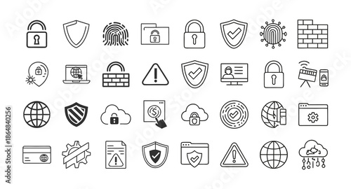 Set of smart technology and internet of things IoT line icons for digital communication and network connectivity