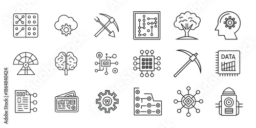 Data mining and big data analytics line icon set for high tech information processing