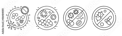 Black and white line icons depicting microbes, medicine, and restriction