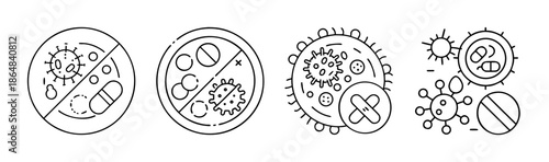 Antibiotic resistance icons showing bacteria and viruses with prohibition signs.