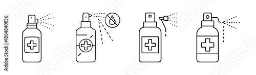 Set of antiseptic spray bottle icons with medical cross and spray effect.