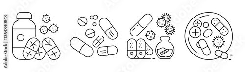 Line art icons of medicine, pills, capsules, viruses, and first aid on white