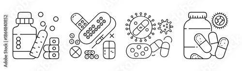Antibiotics and viruses icon set with pills, capsules, and medical bottles.