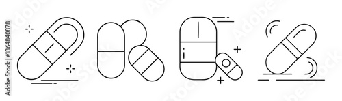 Set of capsule icons, medicine pills, and pharmaceutical symbols