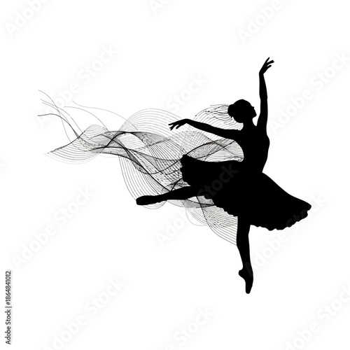 Graceful ballet dancer silhouette with flowing abstract lines on a white background, representing movement and art.