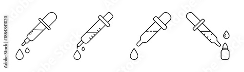 Line art illustrations of various pipettes dispensing liquid drops and into a