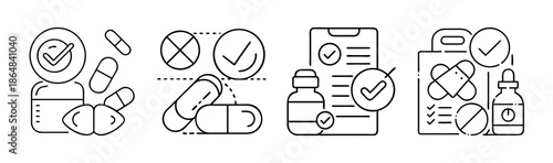Line art icons illustrating medicine approval, prescription, and healthcare