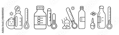 Line art icons illustrating baby healthcare, medicine, and thermometers on white