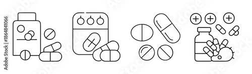 Generic drug icons, pills, capsules, and medicine bottles, pharmaceutical products