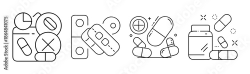 Monochromatic set of medicine, pills, and blister pack line art icons on white