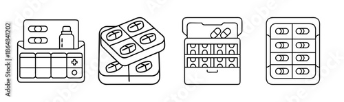 Daily medicine organizers with pills and blister packs, clean line art.