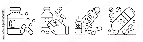 Pill bottles, capsules, and tablets with a hand and bandage, medical icons.