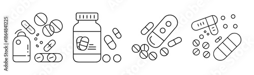 Diverse assortment of outlined medical pills, capsules, and bottles on a white