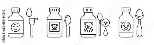 Collection of diverse line art icons for child medication bottles and dosage