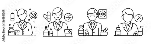 Pharmacist icons showing professionals with medications and pharmacy tools.