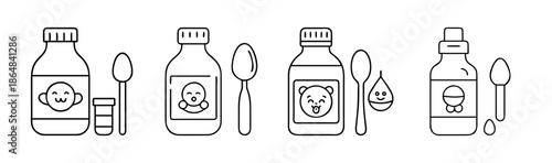 Cute pediatric syrup bottles with spoons and droppers, line art icons.