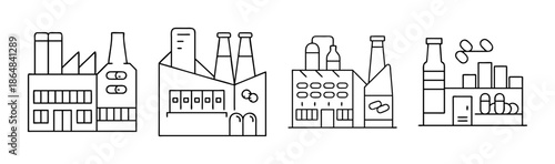Pharmaceutical factory buildings with pipes and windows, line art icons.