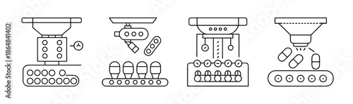 Line art icons of automated pill sorting and packaging machinery.