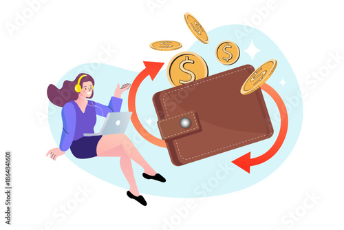 Young woman using laptop with giant wallet and refund money arrows. Cashback reward, online payment, and digital money transfer concept.