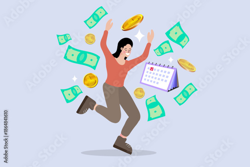 Happy woman jumping with flying money banknotes and calendar. Salary payday, yearly bonus, and financial success concept.