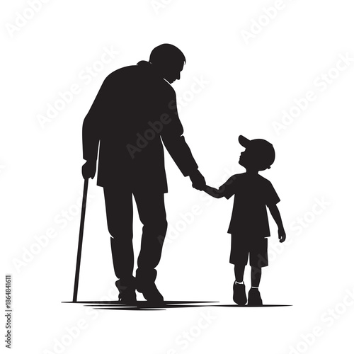 Minimalist black vector silhouette of an elderly man holding hands with a young boy. Symbol of family bond, care, guidance, generations, protection, trust, and continuity of life.