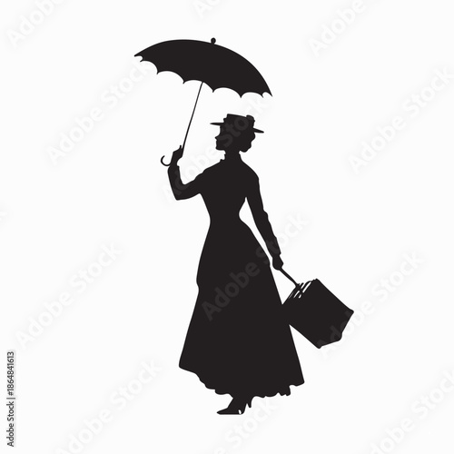Mary Poppins Vector Image. Mary Poppins Silhouette Vector on White Background