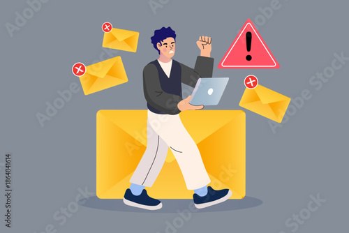 Stressed man holding laptop walking with flying spam email envelopes and red warning sign. Cyber security alert, system error, and phishing attack concept.