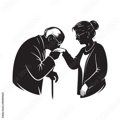 Elegant black vector silhouette of an elderly man kissing a womans hand. Symbol of respect, devotion, timeless love, romance, courtesy, and deep emotional connection in later life.