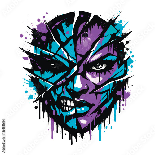 Bold vector graffiti urban illustration of a fragmented human face with splashes and drips. Modern street art style expressing emotion, identity, inner conflict, and city energy.