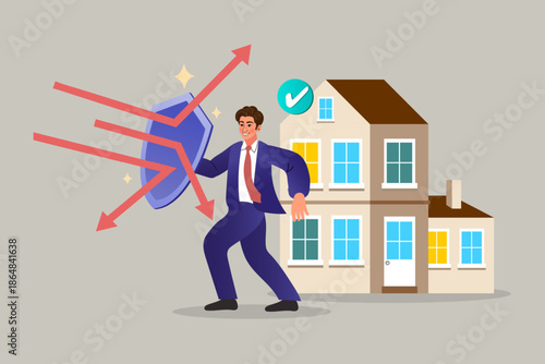 Businessman holding shield protecting house from red arrow attacks. Home insurance, property safety, and real estate security concept.