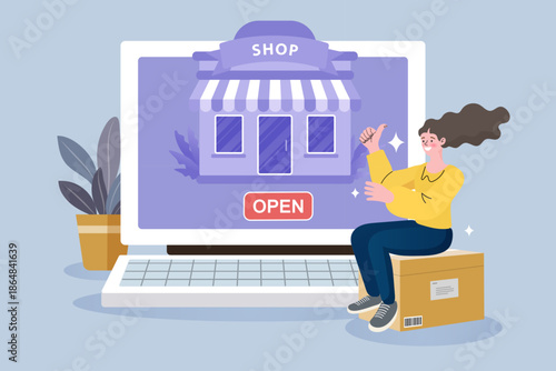 Happy female entrepreneur sitting on parcel box in front of laptop with online shop open sign. Small business startup, ecommerce store launch, and digital marketing concept