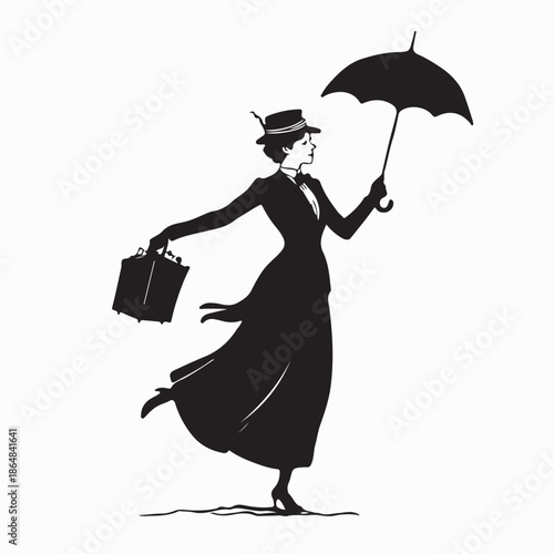 Mary Poppins Vector Image. Mary Poppins Silhouette Vector on White Background