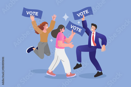 Group of happy diverse people jumping holding vote flyers. Election day campaign, political democracy, and citizen voting rights concept.