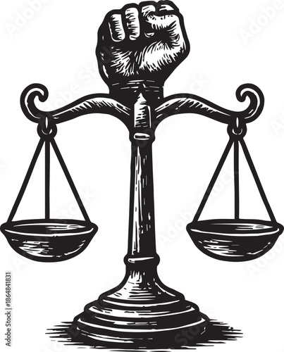 Justice Scale with Raised Fist - Vintage Engraving