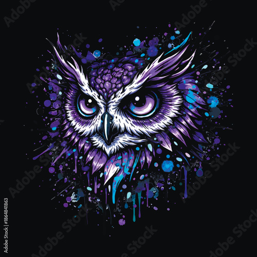 Beautiful vector graffiti illustration of a mystical owl face with glowing eyes on a black background. Urban street art style symbolizing wisdom, night power, mystery, intuition and inner vision.