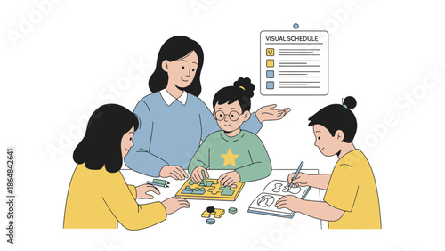 A woman and three children engaged in educational activities at a table with a visual schedule and puzzle with children learning