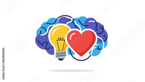 Colorful brain with lightbulb and heart symbolizing ideas and emotions in a creative mind with inspiration and innovation with graphic