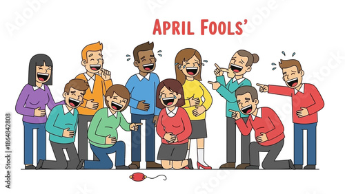 Group of diverse people laughing and pointing at a computer mouse on april fools' day with joyful expressions and colorful with humor