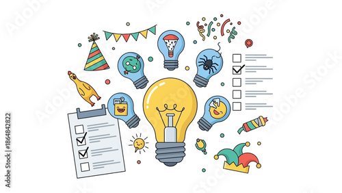 Colorful illustration of creative ideas and inspiration with light bulbs, party decorations, and checklist, symbolizing with innovation